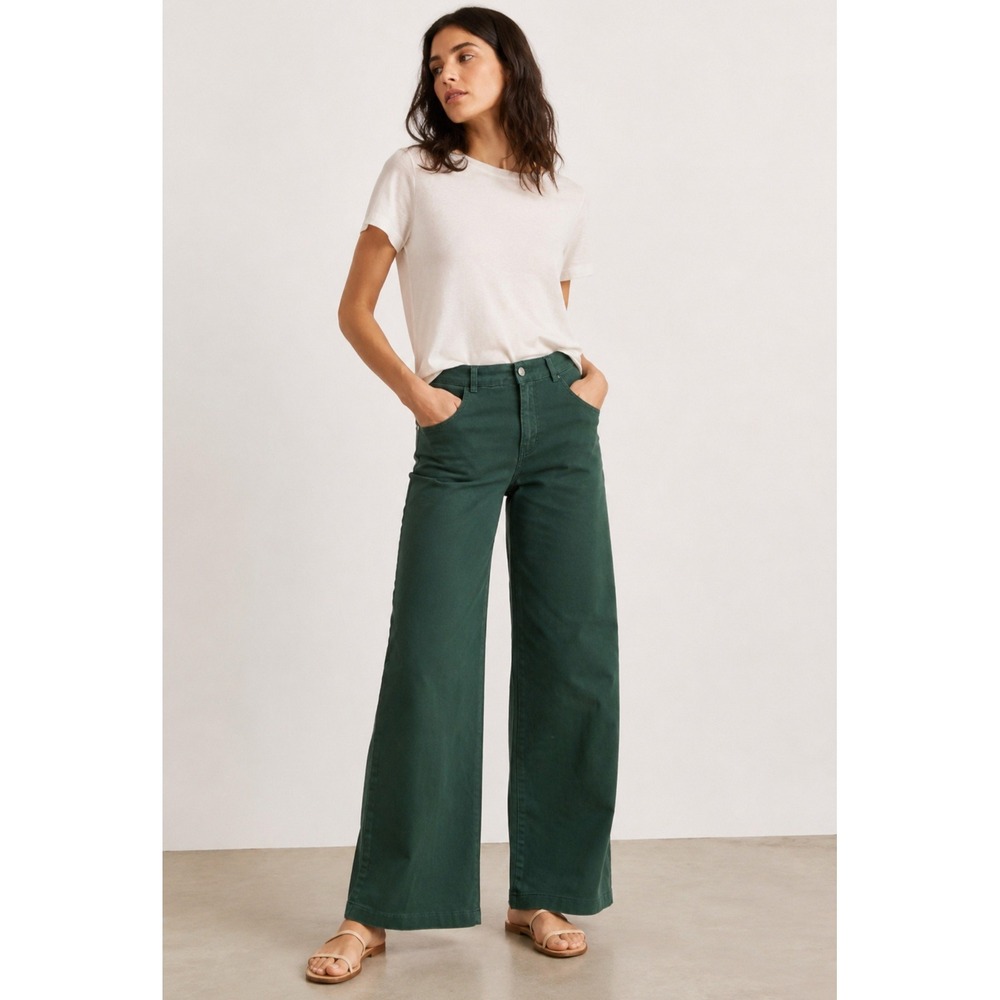 Loup Toni Forest Green High Waisted Wide Leg Cotton Pants Women Size L USA